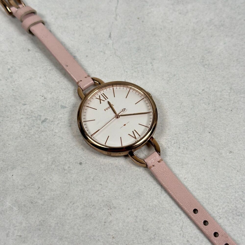 Fossil Watch Womens 36mm Round Annette Gold Tone Skinny Pink Band New Battery